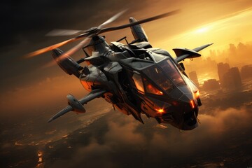 Futuristic helicopter flying over mountain and helicopter in firing Ai generated