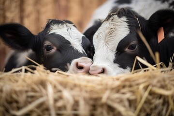 black and white calves nestled together on straw - obrazy, fototapety, plakaty