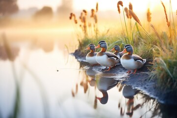 ducks in a row by a ponds edge at sunrise