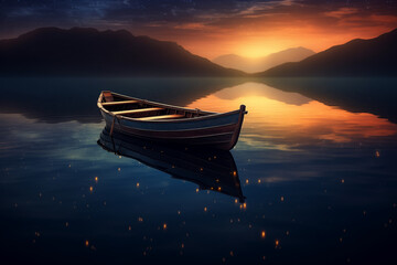夕日が沈む湖に浮かぶ小さなボート
