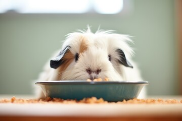 guinea pig with paws on food bowl, peeking inside