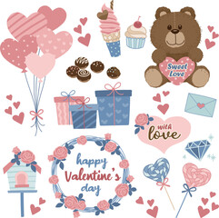 Cute Valentine's Day illustration with balloons, ice cream, chocolate balls, gifts, teddy bears, bird houses, wreaths, lollipops, diamonds