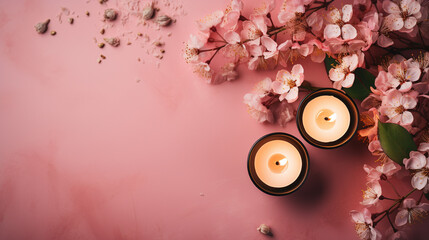 Valentine's Day Candles Background with Gorgeous Pastel Flowers - On Romantic Textured Pink Vintage...