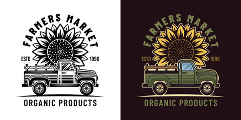 Farmers market vector emblem, badge, label with pickup car and sunflower in two styles black on white and colored © Flat_Enot