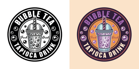Bubble tea cup vector round emblem in two styles black on white background and colorful - obrazy, fototapety, plakaty