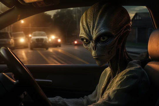 Alien driver driving a car, science fiction. UFO everyday life