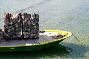 oyster barge with round plastic pick for breeding and hatching oysters in basin arcachon bay in...