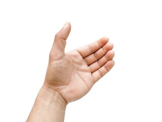 Man's hands reaching up from below, gesturing as if holding something such as a phone or water bottle, isolated on white background.