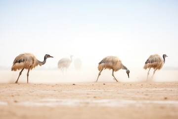 Obraz na płótnie Canvas ostriches emerging from a dust cloud on a dry field