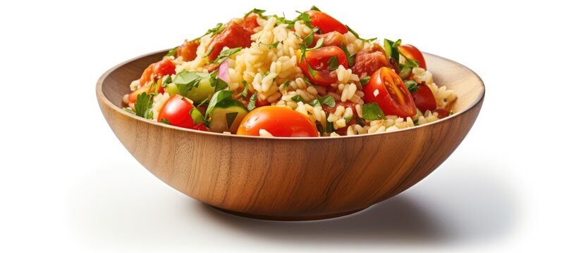 Fresh vegetarian meal made with kamut grain, organic veggies - tomato and pepper.