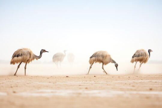 ostriches emerging from a dust cloud on a dry field