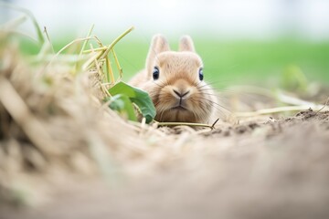 rabbit exiting burrow with mouthful of grass - obrazy, fototapety, plakaty