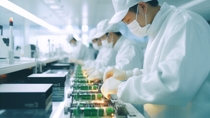 Shot of an electronics factory asian male workers wearing mask assembling circuit boards by hand while it standing on the assembly line. High tech factory facility.
