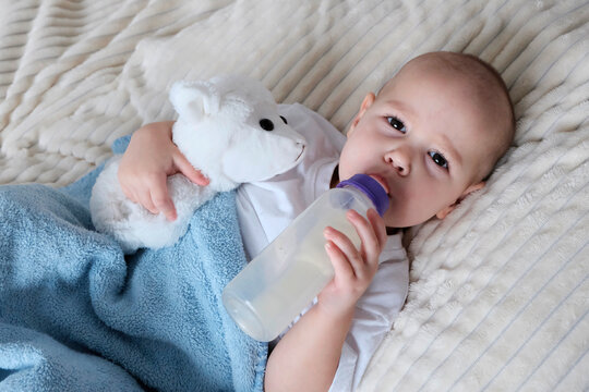 A child drinks milk from a baby bottle. The white lamb cuddles the toy. Baby girl, top view, in white clothes, European appearance. Nutrition, choice of natural or artificial feeding.