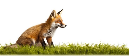 Fox with large ears crouches on grass, facing right.
