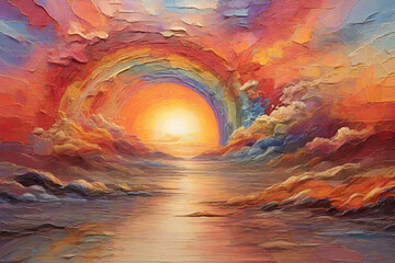 Abstract arrangement of surreal rainbow sunset sunrise colors and textures on the subject of landscape painting, imagination, creativity and art - obrazy, fototapety, plakaty