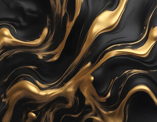 Black and gold liquid is flowing to make the background. - obrazy, fototapety, plakaty