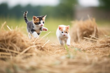 Naklejka na ściany i meble kittens chasing each other in hay