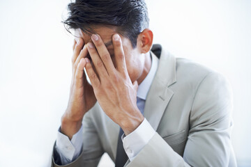 Man, face in hands and business fail with stress about mistake in corporate project. Anxiety,...