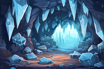 Treasure cave with blue crystals on walls