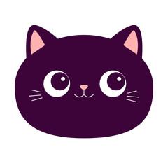Black cat kitten round icon. Smiling face head. Cute cartoon smiling character. Kawaii pet animal. Black silhouette. Pink ears, nose, tongue. Sticker print. Flat design. White background. Isolated.