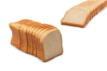 Delicious bread slices isolated on a white background, top view.
