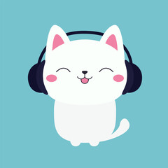 Cute cat in black headphones earphones. Kitten listen to music with closed eyes, pink tongue, ears, tail. Cartoon kawaii funny baby pet character. Happy face head. Flat design. Blue background.