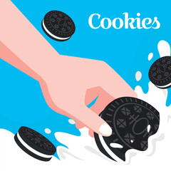 Cookies sandwich chocolate with milk in cartoon flat illustration in blue background