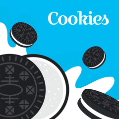Cookies sandwich chocolate with milk in cartoon flat illustration in blue background