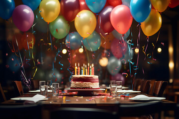 birthday party balloons, colourful balloons background and birthday cake with candles - obrazy, fototapety, plakaty