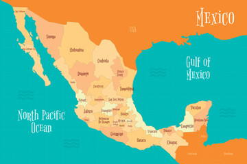 Obraz premium Mexico map with city name and hand drawn style illustration