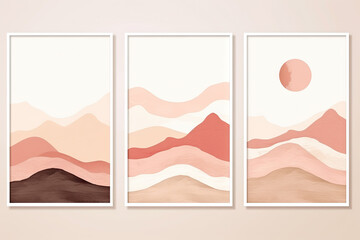 Abstract Arrangements. Landscapes, mountains. Posters. Terracotta, blush, pink, ivory, beige watercolor Illustration and gold elements, on white background. Modern print set. Wall art. Business card