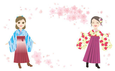 袴姿の女性二人と桜のフレーム