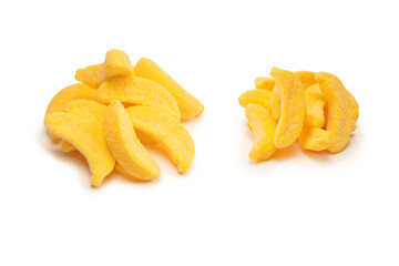 Juicy colorful jelly banana sweets isolated on white.
