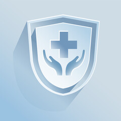 Cardiac arrhythmia, life insurance.
The shield icon is made of paper on a blue background.
Medicine, Safety, life insurance. A vector image.
