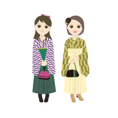 バッグや巾着を持つ袴姿の女性二人