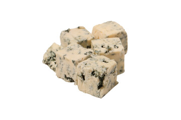 Blue cheese cubes isolated on a white background.