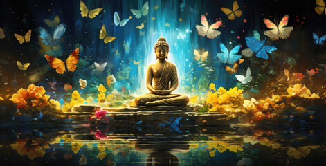 a painting glowing golden buddha and multi colored butterflies - obrazy, fototapety, plakaty