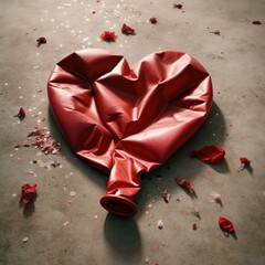 Crumpled red heart-shaped balloon resting on a grey concrete surface with scattered flower petals, generative ai
