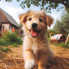 A lovely  puppy plays in a garden