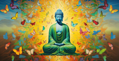 a painting glowing golden buddha and multi colored butterflies