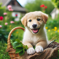 A lovely  puppy plays in a garden