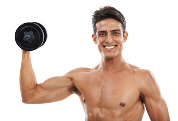 Fototapeta na wymiar Man, portrait and dumbbell for exercise in studio for fitness, wellness or healthy body with workout or training. Person, face or physical activity for muscles, smile or shirtless on white background