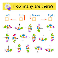 Left or Right. Logic game for kids. Count how many umbrellas are turned left and how many are turned right, also up and down.