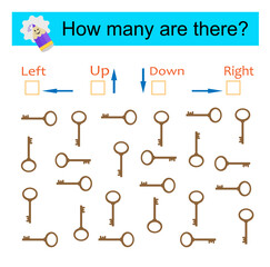 Left or Right. Logic game for kids. Count how many keys are turned left and how many are turned right, also up and down.