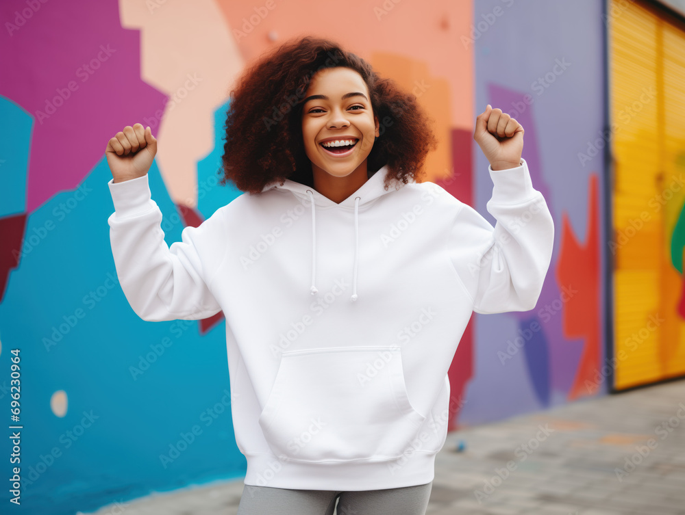 Wall mural african-american teenage girl wearing a blank white hoodie with no print or logo standing in front o - Wall murals