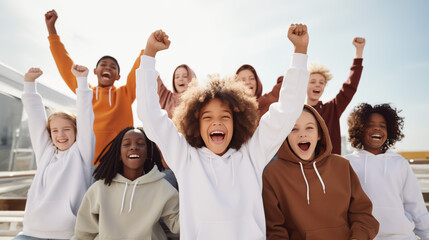 Group of children wearing hoodies and sweatshirt together smiling looking at camera raising hands in success gesture, teenagers apparel mockup, kids fashion, outdoors photo, classmates - obrazy, fototapety, plakaty