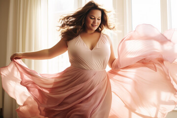 Attractive Plus-size woman wearing dress dancing, having fun moving and listening to music - Powered by Adobe