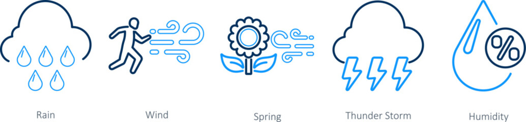A set of 5 Mix icons as rain, wind, spring