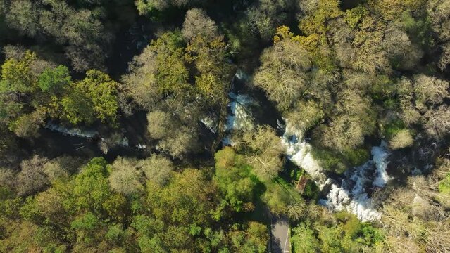 Aerial View Of R&iacute;o de Zas Waterfall In Forest Mountain, A Coruna, Spain.